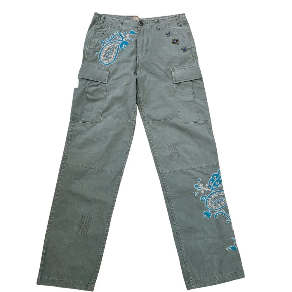 Western Denim Bank Cargo Pants Womens Size 27 Green Embroidered Studs Y2K Hippie